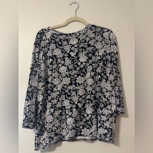 J. Jill Wearever Womens XL Black & White Floral Pullover Top 3/4 Sleeve Boho EUC